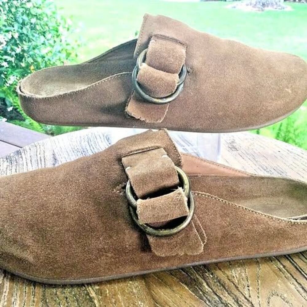 BEEK Size 8 Womans Vulture Mules Clogs Chestnut Suede Leather Slides Adjsutable